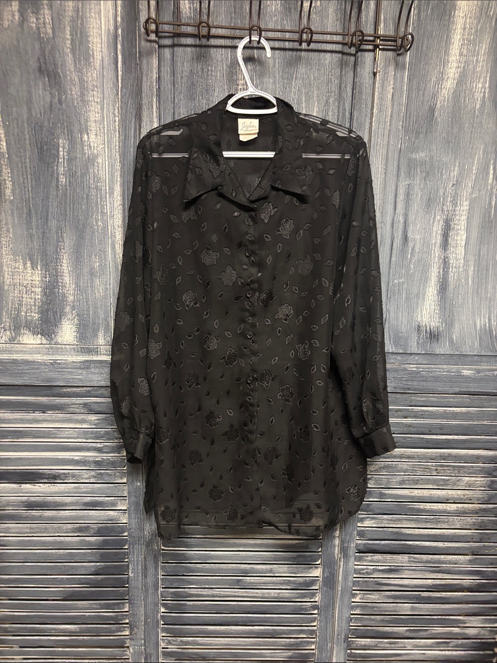 Vintage Jaclyn Smith Black Sheer Floral Button-Front Blouse